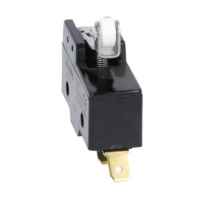 Plastic micro switch, K series, roller centre push lever. 26.6mm/1.05in long lever. Contacts 1NO/NC. Faston terminals