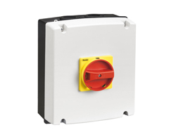 IEC/EN type IP65 non-metallic enclosure switch disconnector, four-pole. With rotating red/yellow handle, 63A. Enclosure dimensions: 175x210x99mm/6.9x8.3x3.9'', PE+N