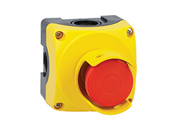 Yellow control station LPZP1A5 complete with mushroom pushbutton pull-to-release LPCB6744 1NC and padlockable protection LPXAU158