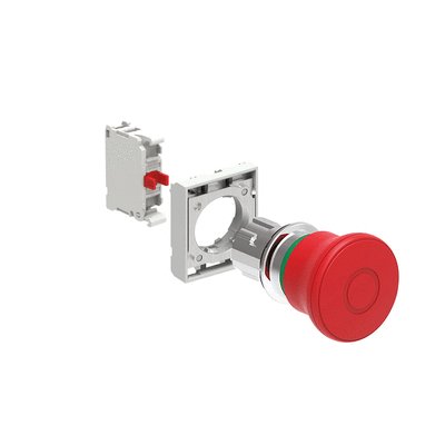 KIT metal mushroom head pushbutton actuator, latch, pull to release, Ø40mm. For emergency stopping. ISO 13850. Red with mounting adapter and 1 contact element, NC. Screw termination