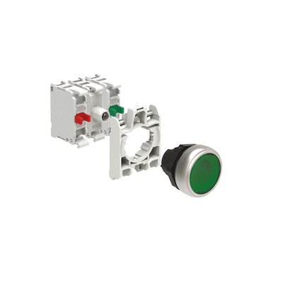 KIT plastic illuminated button actuator, spring return, flush, green with mounting adapter and 2 contact elements, 1NO+1NC. Screw termination. LED integrated lamp-holder, steady light, 185...265VAC