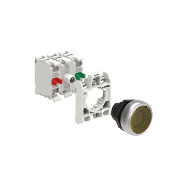 KIT plastic illuminated button actuator, spring return, flush, yellow with mounting adapter and 2 contact elements, 1NO+1NC. Screw termination. LED integrated lamp-holder, steady light, 185...265VAC