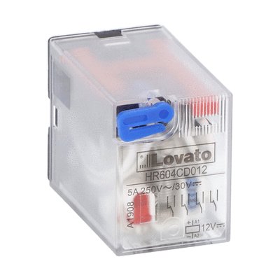 Industrial relay with LED state indicator and mechanical actuator, 12VDC, 5A, 4 C/O contact. Fitting on socket HR6XS4...