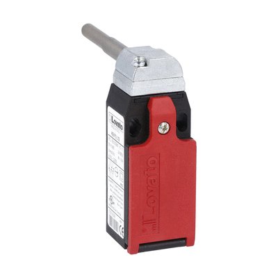 Limit switch, K series, hinge operating, 1 bottom cable entry. Dimensions to EN 50047, plastic body, contacts 1NO+1NC slow action. Long solid shaft with reduction
