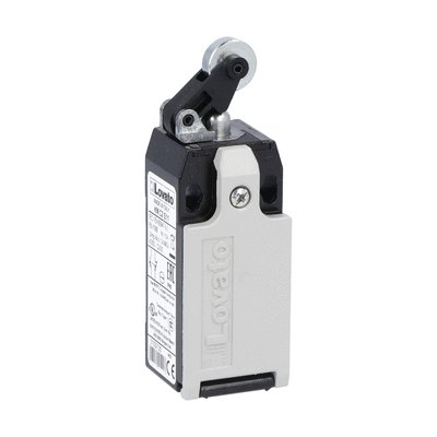 Limit switch, K series, roller centre push lever, 1 bottom cable entry. Dimensions to EN 50047, metal body, contacts 2NC slow action. Metal roller