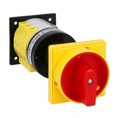 Rotary cam switch 7GN series, 3-phase motor reversing switch 40A, for rear mounting with red/yellow handle padlockable in 0, door coupling and protection covers, front plate: 65x65