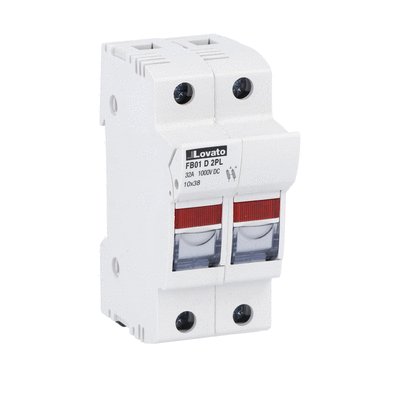 Fuse holder UL certified for photovoltaic applications, for 10X38mm fuses. 32A rated current at 1000VDC, 2P. With status indicator. 2 modules