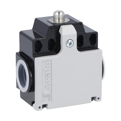 Limit switch, K series, top push rod plunger, 2 side cable entry. Dimensions compatible to EN 50047, metal body, contacts 2NC slow action. Metal plunger