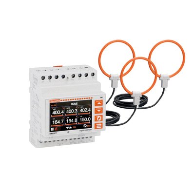 Power analyzer with colour LCD display. Auxiliary supply 100...240VAC. Expandable with 3 EXM... modules, built-in Ethernet port, compatible with EASY BRANCH power monitoring system, data memory for logging. Current reading through 3 Rogowski coils included, max current 500A