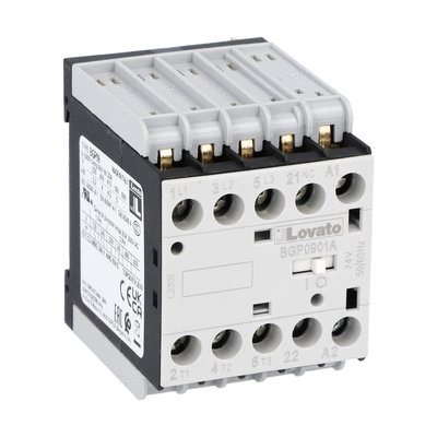 Three-pole contactor, IEC operating current Ie (AC3) = 9A, AC coil 50/60Hz, 230VAC, 1NC auxiliary contact, rear PCB solder pin