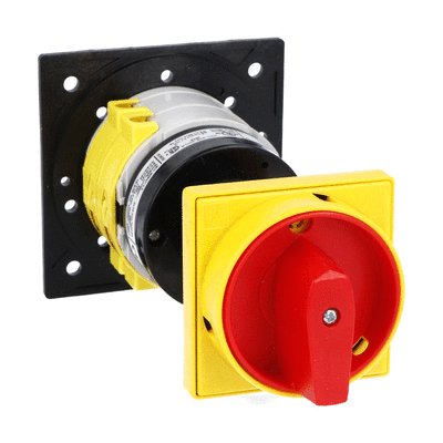 Rotary cam switch 7GN series, ON-OFF switch 4 poles 63A, for rear mounting with red/yellow handle padlockable in 0, door coupling and protection covers, front plate 65X65mm
