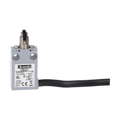 Prewired with 2m long cable metal limit switch, K series, top roller push plunger. Contacts 1NO+1NC slow action. Roller operation perpendicular to switch body