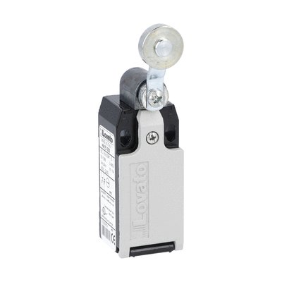 Limit switch, K series, roller lever plunger, 1 bottom cable entry. Dimensions to EN 50047, metal body, contacts 2NO slow action. Metal roller